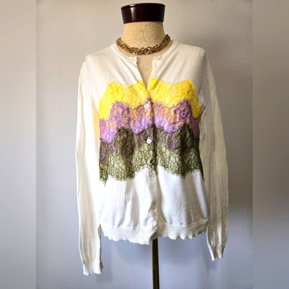 Pierre Cardin White Cardigan Sweater With Pastel Lace. Size Small